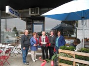 Ray, Gerda, Jan, Lynda and Jill outside cafe, ready return to cars